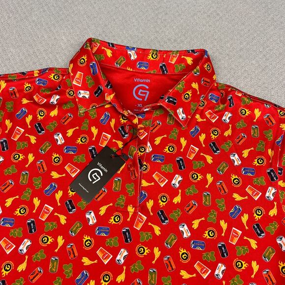 Vitamin G Polo Shirt XL Red Geometric Beer Hops Performance Golf NWT - Picture 3 of 8